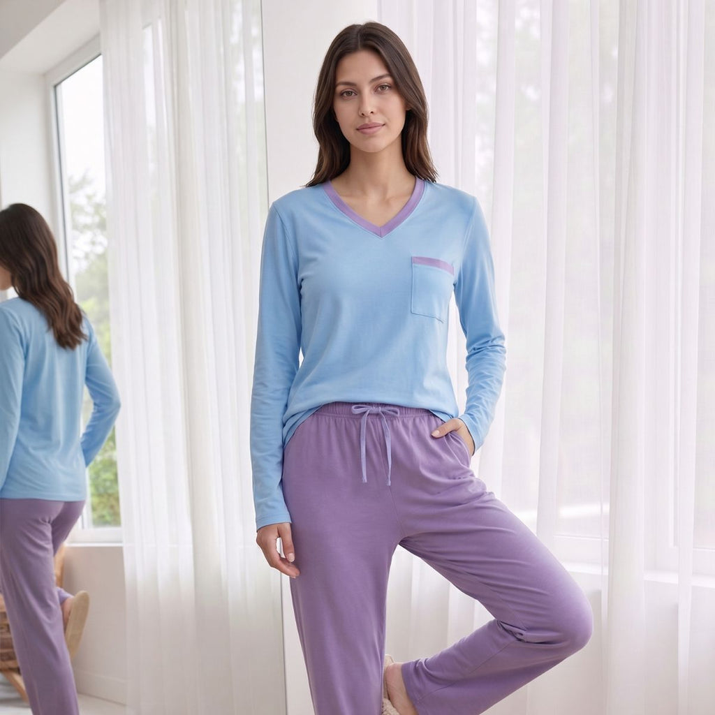 Pijama Algodón Jersey Mujer 3 Piezas Celeste y Lila PMO30